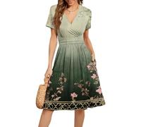 Evening Dresses for Women UK, Womens Sundress Summer Floral Short Sleeve Wrap V Neck A-Line Empire Waist Midi Dress with Pockets Birthday Gifts for Mum,Green,L,k147k