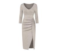 Evening Gown for Women UK Party Cocktail Dress Long Sleeve V-Neck Fashion Ball Gown Ladies Hip Slit Sparkling Prom Dress Solid Colour Stretch Long Pleated Skirt Khaki