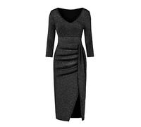 Evening Gowns for Women UK Party Cocktail Dress Long Sleeve V-Neck Fashion Ball Gown Ladies Hip Slit Sparkling Prom Dress Solid Colour Stretch Long Pleated Skirt Black
