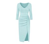 Evening Gowns for Women UK Party Cocktail Dress Long Sleeve V-Neck Fashion Ball Gown Ladies Hip Slit Sparkling Prom Dress Solid Colour Stretch Long Pleated Skirt Sky Blue