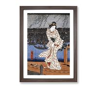 Evening On The Sumida River By Utagawa Hiroshige Asian Japanese Framed Wall Art Print, Ready to Hang Picture for Living Room Bedroom Home Office Décor, Walnut A3 (34 x 46 cm)