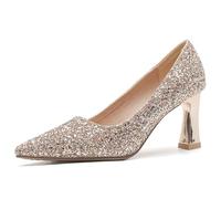 Evening Party Shoes for Women Glitter Pointed Toe High Heel Dress Pumps for Cocktail & Formal Event Elegant Chunky Block Heel Formal Footwear Sexy Slip On Shoes,Champagne,4 UK