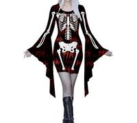 Evening Prom Gowns Womens Steampunk Rockabilly Dress A-Line Swing Costume Pumpkin Skeleton Print Knee Length Casual Lady Long Sleeve Costumes for Halloween Cocktail Party Black