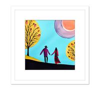 Evening Walk In Autumn Fall Couple In Love Holding Hands. Square Wooden Framed Wall Art Print Picture 8X8 Inch Artery8 White One Size
