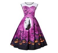 Evensu Women Dress Halloween Pumpkin Castle Print Dress Ladies Lace Sleeveless Purple Skirt Retro Vintage Cocktail Dresses Size 12-14