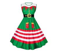Evensu Women Xmas Plus Size Sleeveless Dresses Round Neck Striped Apron Print Lace Neck Dress for Christmas Eve Party Size 16-18