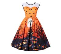 Evensu Women's Halloween Dress Sleeveless Funny Party Dress Orange Pumpkin Castle Printed Vintage Cocktail Party Dresses Size 28-30