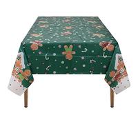Event Decor Shop 220cm x 130cm Dark Green Waterproof Table Cover, Vinyl Reusable Christmas Spread with Gingerbread Character Decor, Xmas Table Protector, New Year Party Table Liner