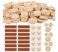 Event Decor Shop 350Pcs Sewing & Craft Supplies - 150 Natural Wood Buttons, 100 PU Leather Handmade Labels, 100 Fabric Tags for DIY Crafts, Knitting, Garment Making, Purse Decoration
