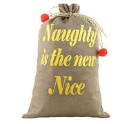 EVENT DECOR SHOP 72x50cm Large Hessian Santa Sack Stocking Brown Jute Bag | Naughty Is The New Nice | Christmas Accessories Xmas Bag with Drawstring Father Santa Claus Sack Stocking