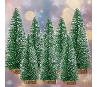 EVENT DECOR SHOP 8 Mini Plastic Christmas Trees - White Flocked Bottle Brush Pine Trees with Wooden Bases, Miniature Artificial Trees for Rustic Tabletop Decor, Xmas Villages & Holiday Centrepieces