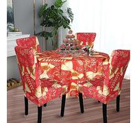 Event Decor Shop Christmas Round Table Cloth & Chair Covers, Ribbon & Leaf Red-Gold Dining Chair Slipcovers 4pcs & 70inch Tablecover, Table Protector for Xmas Holiday Festive Party Decor Set