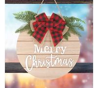 Event Decor Shop Wooden Christmas Hanging Sign - 29.5cm Beige Round MDF Plaque with White Merry Christmas Laser Cut Text, Red Check Bow for Door & Entryway