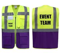 Event Team Two Tone Zipped Hi Vis Vest High Visibility Safety Waistcoat Pockets Reflective Bands Event Staff, Event Support, 13 Colour Options Brook Hi Vis (Yellow/Purple, Large)