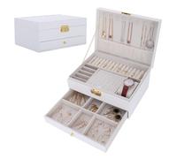 EVEOUT 2-Layer PU Leather Jewelry Box Storage Organizer for Earrings, Rings, Necklaces with Watch Pillow Vintage Dresser Top Jewelry Case for Women