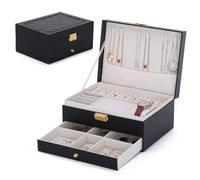 EVEOUT 2-Layer PU Leather Jewelry Box Storage Organizer for Earrings, Rings, Necklaces with Watch Pillow Vintage Dresser Top Jewelry Case for Women