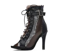 EVEOUT Women's Mesh Sandals High Heel Peep Toe High Top Lace Up Summer Sexy Boots Buckle Strap Party Shoes Black
