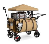 EVER ADVANCED 225L Festival Trolley on Wheels with Removable Canopy, 150KG Heavy Duty Camping Trolley, Push & Pull Beach Cart with 3 Large Pockets, Garden Folding wagon Fishing Khaki