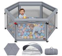 EVER ADVANCED Foldable Baby Playpen with 180° Rotatable Canopy, Outdoor & Indoor Baby Playpen with Double Mat, Folding Kids Beach Tent with Sunshade, Portable Folding Playard for Babies, Toddler, Grey