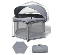 EVER ADVANCED Foldable Baby Playpen with 180° Rotatable Canopy, Outdoor & Indoor Baby Playpen with Double Mat, Folding Kids Beach Tent with Sunshade, Portable Folding Playard for Babies, Toddler, Grey