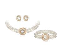 EVER FAITH 1920s Pearl Jewellery Set, 3 Pcs Vintage Black Square Crystal 2 Layered Simulated Pearls Choker Necklace Stud Earrings Bracelet Sets Art Deco Costume Statement Wedding Party Jewellery Gifts