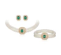 EVER FAITH 1920s Pearl Jewellery Set, 3 Pcs Vintage Green Square Crystal 2 Layered Simulated Pearls Choker Necklace Stud Earrings Bracelet Sets Art Deco Costume Statement Wedding Party Jewellery Gifts