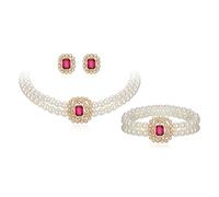 Ever Faith 1920s Pearl Jewellery Set, 3 Pcs Vintage Hot Pink Crystal 2 Layered Simulated Pearls Choker Necklace Stud Earrings Bracelet Sets Art Deco Costume Statement Wedding Party Jewellery Gifts
