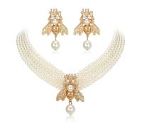 Ever Faith 1920s Pearl Jewellery Set, Vintage Art Deco Gold Honeybee 5 Layered Simulated Pearls Bee Choker Necklace Earrings Sets Costume Statement Bridal Wedding Party Jewellery Gifts