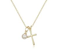 Ever Faith 925 Sterling Silver First Communion Church Tiny Pearl 14K Gold Cross Choker Necklace Baptism/Confirmation/Birthday/Christmas Jewelry Gift for Daughter Teen Girls