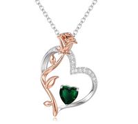 Ever Faith 925 Sterling Silver Rose Flower Heart Necklace for Women, Green CZ May Birthstone Pendant Necklace Valentines Day/Mothers Day/Birthday/Christmas Fine Jewellery Gifts for Her