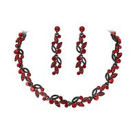 Ever Faith Art Deco Costume Jewelry Set Hollowed-out Marquise Crystal Leaf Cluster Necklace Dangle Earrings Set Ruby Red Black-Tone