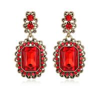 EVER FAITH Art Deco Hollow Victorian Flower Dangle Earring for Women, Red Square Rhinestone Crystal Antique Vintage Gothic Costume Pirate Jewellery Accessories for Halloween Cosplay Party