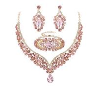 Ever Faith Austrian Crystal Bridal Jewellery Sets, Elegant V-Shaped Costume Party Teardrop Bib Collar Statement Necklace Earrings Bracelet Set for Women Light Pink Gold-Tone