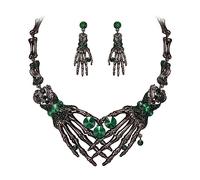 Ever Faith Austrian Crystal Gothic Jewelry Halloween Costume Skeleton Hand Skull Necklace Dangle Earrings Set for Women Green Black-Tone