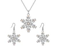 Ever Faith Austrian Crystal Snowflake Jewelry Set Winter Party Flower Pendant Necklace Fishhook Earrings Sets for Women Iridescent AB Silver-Tone