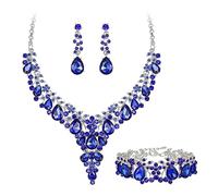 Ever Faith Banquet Prom Jewellery Sets for Women, Elegant Crystal Flower Round Teardrop Statement Necklace Dangle Earrings Bracelet Set Dark Blue Silver-Tone