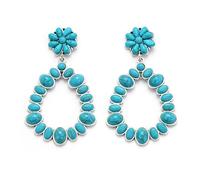 EVER FAITH Blue Turquoise Earrings, Summer Boho Vintage Cowgirl Country Concho Floral Oval Hoop Dangle Earrings Western Jewellery for Women