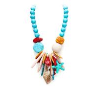 Ever Faith Bohemian Beach Shell Statement Cowgirl Necklace, Turquoise Chunky Beaded Resin Conch Shell Starfish and Coral Charms Collar Necklaces Summer Beachy Jewellery Blue