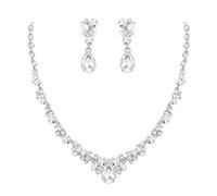 Ever Faith Bridal Jewellery Set Clear Rhinestone Crystal Wedding Party Floral Teardrop Necklace Earrings Sets for Brides Silver-Tone