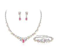 Ever Faith Bridal Jewellery Set for Women, Sparkly Rhinestone Crystal Teardrop Statement Necklace Dangle Earrings with Bracelet Sets Iridescent Jewellery for Wedding Cocktail Prom Party