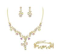 Ever Faith Bridal Jewelry for Bride, Rhinestone Crystal Cluster Flower Wedding Statement Necklace Dangle Earrings Bracelet Sets Iridescent Clear AB Gold-Tone