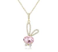 Ever Faith Bunny Rabbit Pendant Necklace, Pink Oval Rhinestone Crystal Birthstone Cute Animal Pet Easter Birthday Jewellery Gifts Adjustale Chain 17.2+2.1 Inch