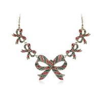 Ever Faith Christmas Bow Necklace, Vintange Statement Xmas Gift Bowknot Collar Necklaces Holiday Jewellery Gift for Women Red w/Green Antique Gold-Tone