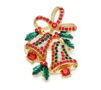 EVER FAITH Christmas Brooches for Women, Vintage Bowknot Jingle Bell Brooch Sparkly Red and Green Rhinestone Crystal Double Bells Lapel Pin Cute Xmas Pins Jewellery Gifts Gold-Tone