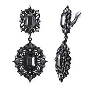 EVER FAITH Clip-on Earrings Bright Black Rhinestone Art Deco Vintage Style Gatsby Dangle Chandelier for Women Girls Carbon