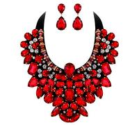 Ever Faith Costume Jewelry for Women, Red Rhinestone Crystal Chunky Collar Statement Necklace Earrings Set