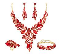 Ever Faith Costume Party Jewelry Art Deco Marquise Sparkly Rhinestone Crystal Y-shaped Necklace Dangle Earrings Bracelet Cuff Ring Set for Prom Red Gold-Tone