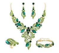 Ever Faith Costume Party Jewelry Art Deco Marquise Sparkly Rhinestone Crystal Y-shaped Necklace Dangle Earrings Bracelet Cuff Ring Set for Woman Light Green Gold-Tone