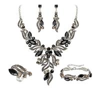 Ever Faith Costume Party Jewelry Art Deco Marquise Sparkly Rhinestone Crystal Y-shaped Statement Chunky Necklace Dangle Earrings Bracelet Cuff Ring Set for Prom Black Silver-Tone