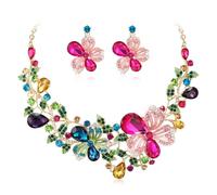 Ever Faith Costume Party Jewelry Multicolor Rhinestone Crystal Cluster Flower Leaf Vine Teardrop Statement Necklace Earrings Set for Women Prom